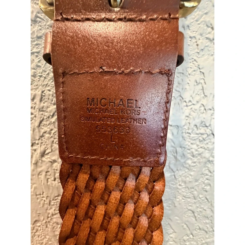 Michael Kors Cognac Brown Braided Woven Belt Gold Buckle Large